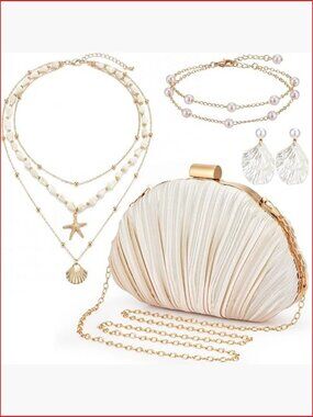 4pcs Seashell Clutch Purse Set with Pearl Earrings Bracelet Necklace
